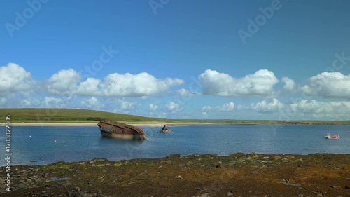 An sunken old vessel in Scapa Flow in the Orkney Islands, Scotland, UK