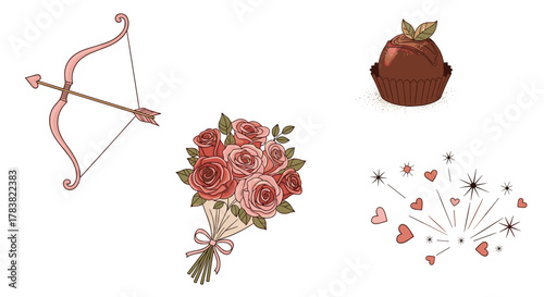 Valentines Day Symbols Cupids Bow Flowers Chocolate and Fireworks, Generative AI.