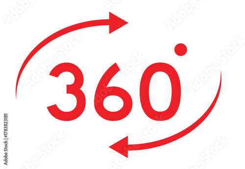Red 360 Degree Rotation Icon Vector Showing Complete Circular View and Full Turn Symbol