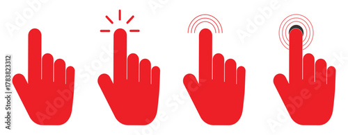 Vector Set of Red Hand Icons Showing Clicking, Tapping, and Pressing Actions for UI