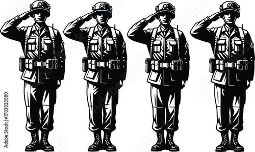 Four soldiers saluting in uniform illustration, military discipline concept, army respect and patriotism vector art, black and white graphic design