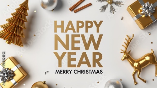 Happy new year and merry christmas greeting card isolated on white background