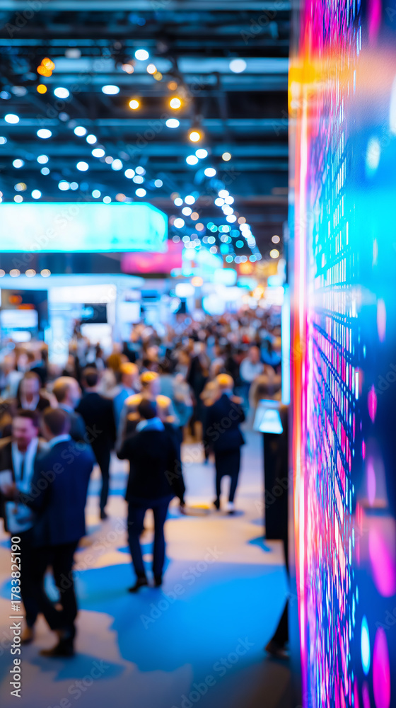 Naklejka premium Business people attending a trade show in a large exhibition hall. 