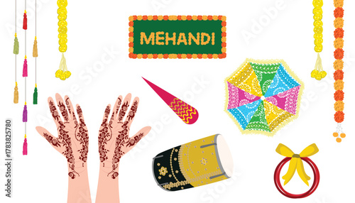 Indian Mehndi Ceremony Elements Set Including Henna Hands, Dholki , Umbrella for wedding invitation cards