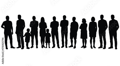 Group of people silhouette, men women and children standing together, community diversity concept, teamwork unity, social connection, human crowd vector illustration