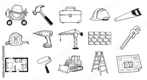 Hand Drawn Construction Icon Set - Building Tools and Industry Doodle Sketch Vector Collection