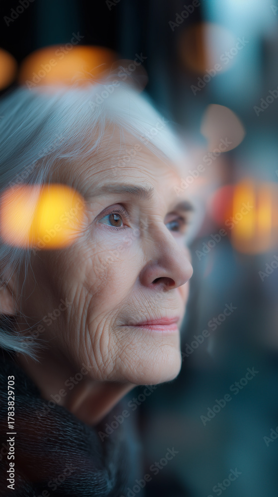 Fototapeta premium Elderly woman looking thoughtfully out the window with warm light reflections symbolizing reflection and nostalgia. 