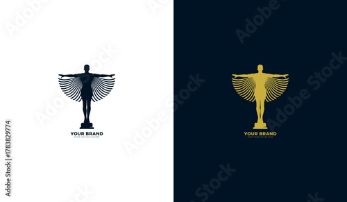 Winged man statue logo, winged man statue icon, vector illustration