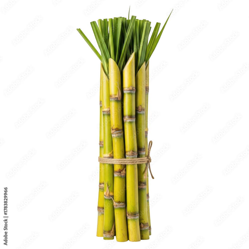 Obraz premium Bundle of fresh sugarcane stalks with green leaves isolated on transparent background