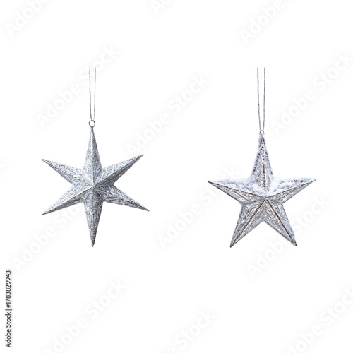 Two silver glitter stars festive christmas decorations, christmas star hangings isolated on white background