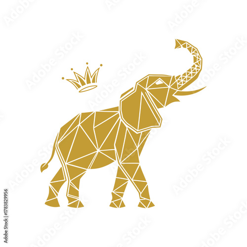 Golden geometric elephant with crown abstract low poly animal art design