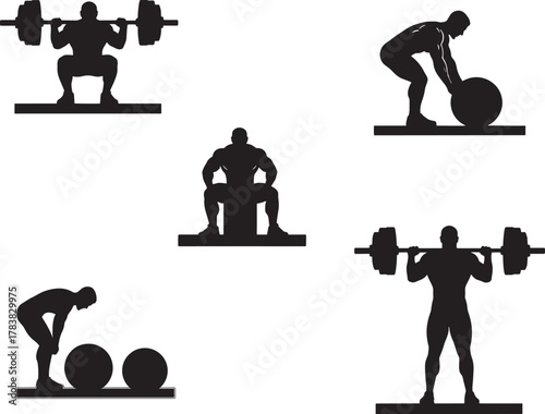 Silhouettes of athletes performing weightlifting exercises strength power