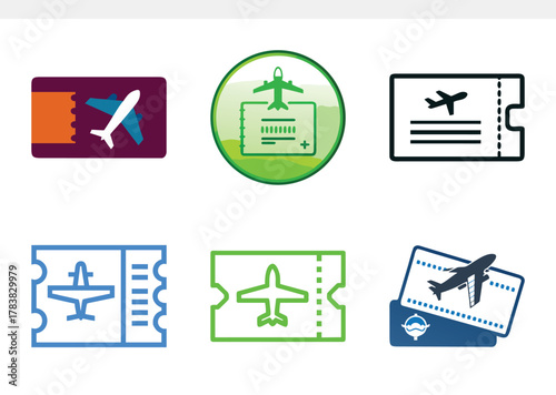 Collection of airplane ticket icons, representing various styles and designs for travel and transportation themes