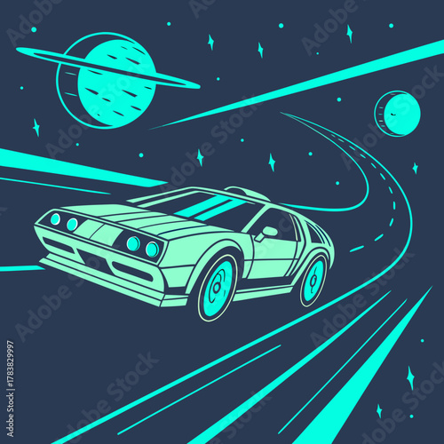 A futuristic hover car competing in an intergalactic race.