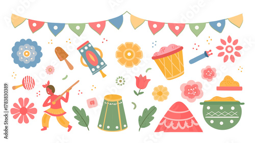 Holi-themed hand drawn cute, vintage doodle elements. Features color powders, pichkaris, drums, sweets, flowers, and dancing figures. Holiday retro decorations. Vector illustration.