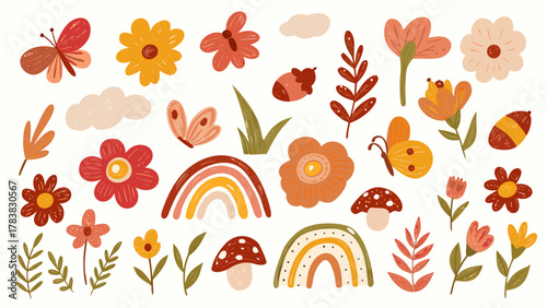 Vintage spring meadow elements set crayon drawn kids. Cute spring meadow. Hand drawn crayon doodle wildflowers, butterflies, bees, grass blades, mushrooms, birds. Vector illustration.