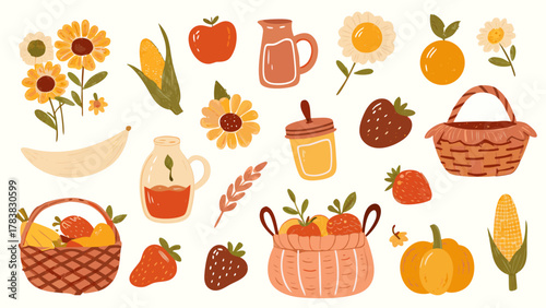 Vintage summer harvest elements set crayon drawn kids. Cute summer harvest season. Hand drawn crayon doodle sunflowers, baskets of fruits, corn, strawberries, honey jars. Vector illustration.