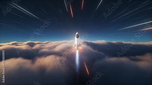 High-Speed Rocket Launch: Dynamic Ascent Through Clouds & Light Trails