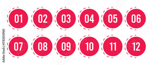 Vector Set of 12 Red Numbered Step Icons with Decorative Outline