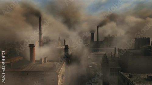 Choking Skies: Seamless Aerial Loop of Industrial Smog Over Dystopian City