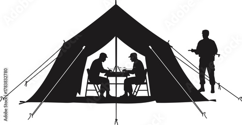 Military command tent illustration, soldiers planning strategy, army communication base camp, tactical operation planning scene, vector silhouette, war preparation concept, outdoor field mission.