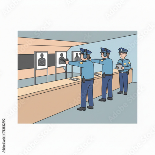 Police officers practicing shooting at a training range with target boards