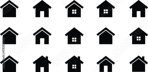 House icons grid, black silhouette homes, architectural symbols, roof variations, windows, doors, chimneys, vector design, residential illustration, construction, property, real estate,