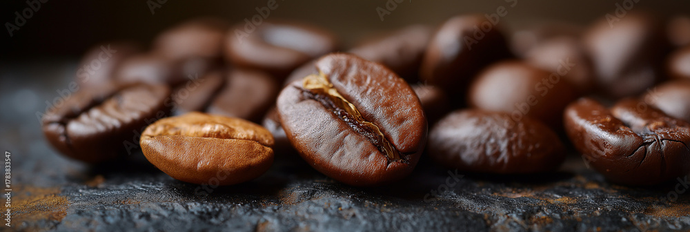 Fototapeta premium A detailed close-up of rich brown coffee beans on an earthy surface emphasizes the texture and aroma of freshly roasted beans, celebrating the essence of coffee culture.