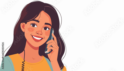 A smiling young woman talking on a smartphone, looking happy and engaged.