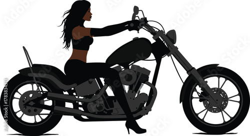 Motorcycle rider silhouette, woman on chopper bike, freedom lifestyle, biker culture, fashion boots, crop top, vector art, bold design