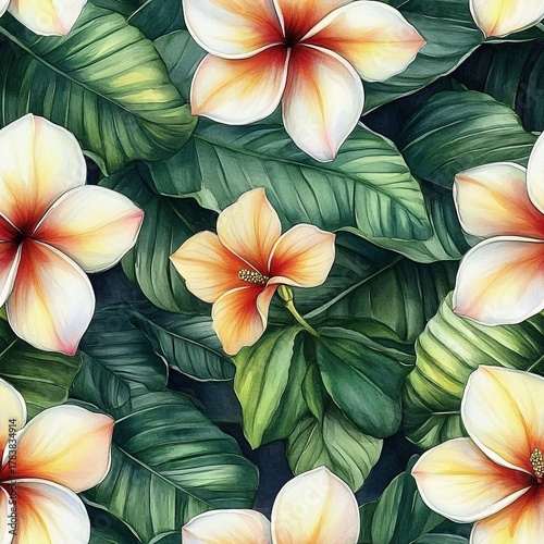 Tropical flower seamless pattern with plumeria nature digital art lush environment top view vibrant design