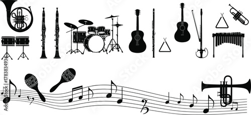 Musical instruments silhouette collection, tuba, drums, clarinet, flute, guitar, violin, trumpet, xylophone, maracas, triangle, music notes illustration