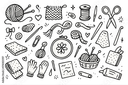 Hand-drawn doodle vector set of knitting and crafts, created in a fun sketchy ink-pen doodle style, isolated on white background
