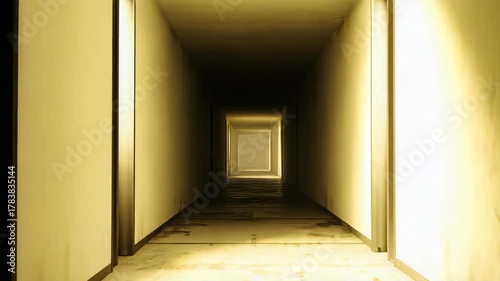 Dimly lit endless hallway with mysterious doorways and warm lighting