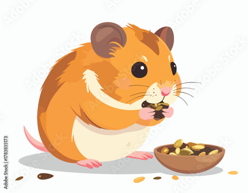 A cute hamster happily eating seeds from a small wooden bowl.
