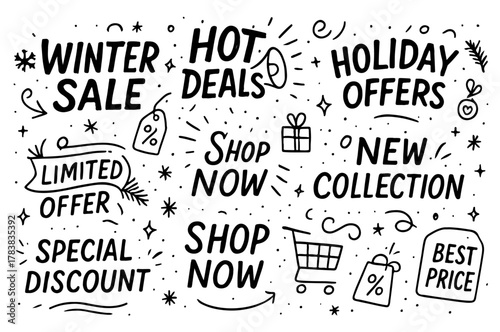 Hand-drawn doodle vector set of seasonal sale doodles featuring phrases like winter sale, hot deal, shop now, and special discount, created in a playful sketchy style, isolated on white background
