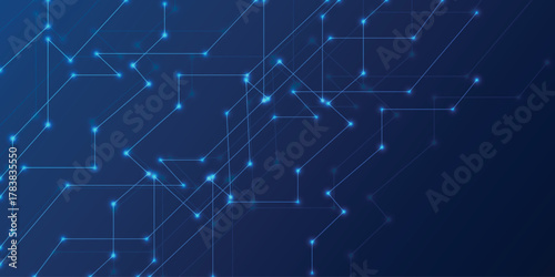 Blue technology background with glowing circuit lines and arrow connectors, neon network grid on dark gradient, abstract digital wallpaper and UI banner with copy space, vector