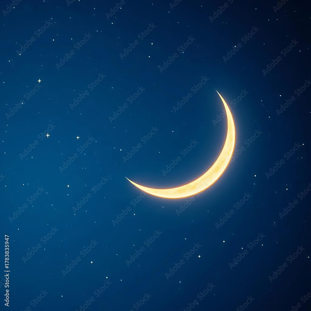 Naklejka premium Deep blue night sky with a glowing crescent moon, sprinkled with stars, perfect for religious cards and festive messages, empty space, spiritual