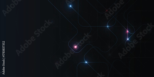 Digital tech motherboard circuit background with glowing rounded traces and neon nodes on dark, abstract PCB network banner template