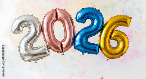 Silver, rose gold, and blue balloons spelling out 2026