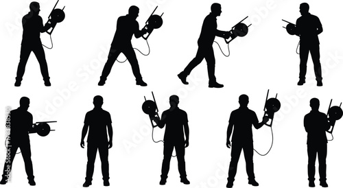 Circular saw silhouettes, black figures, power tool posture, safety gesture, cutting stance, workplace behavior, tool handling, ergonomic setup, construction, equipment