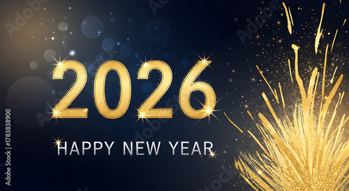 Happy new year 2026 with golden fireworks and bokeh lights