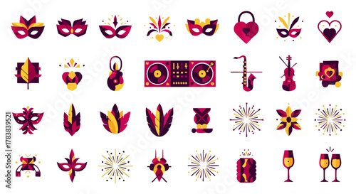 A vibrant collection of flat design icons representing carnival, masquerade, and celebration elements, perfect for festive event promotions and party themes.