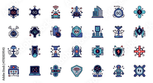 A comprehensive collection of futuristic technology icons representing 6G networks, artificial intelligence, data security, and global connectivity solutions.