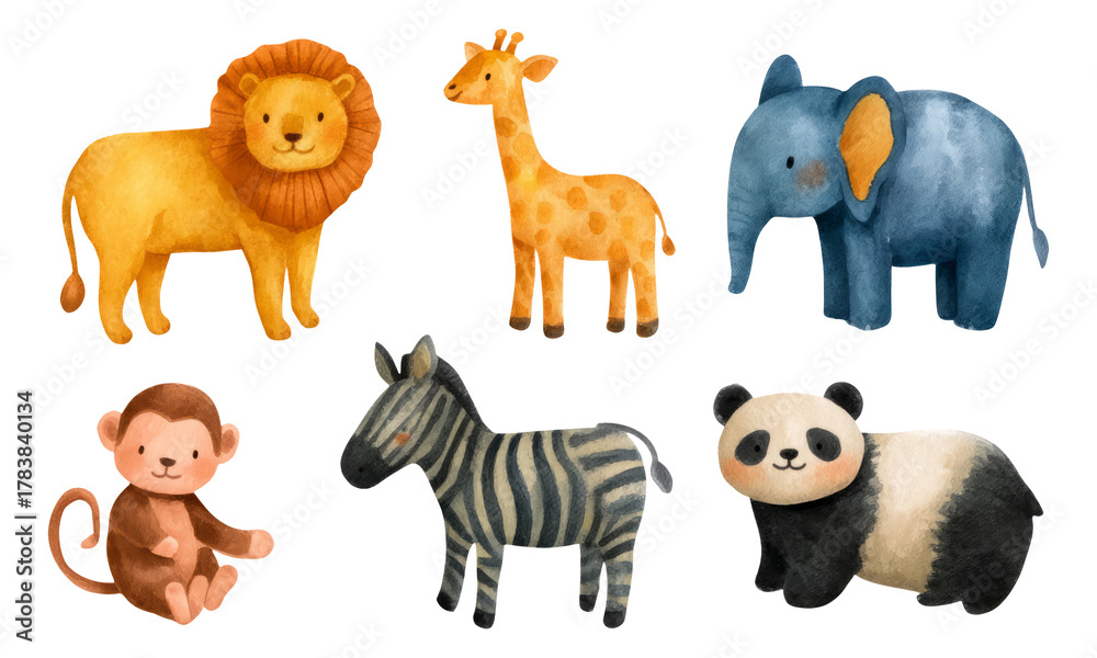 Fototapeta premium Adorable Hand-Painted Watercolor Animals on Transparent Background for Kids' Decor