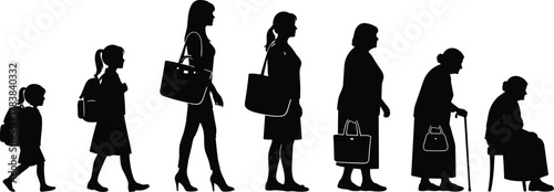 Female silhouette, life stages, aging process, childhood to elderly, black figures, development timeline, health care, identity, growth, education, psychology