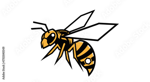 Detailed illustration of a yellow and black striped wasp in flight.