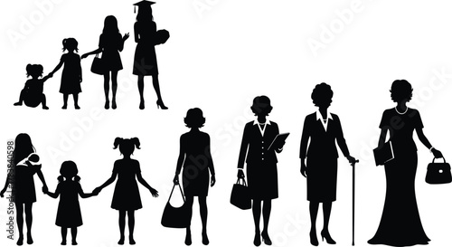 Female silhouette, life stages, aging timeline, childhood to elderly, black figures, development concept, education, identity, growth, psychology, motherhood, graduation, cane, handbag,
