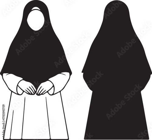 Muslim woman in black hijab and modest attire, front outline view and full silhouette vector graphic illustration design.