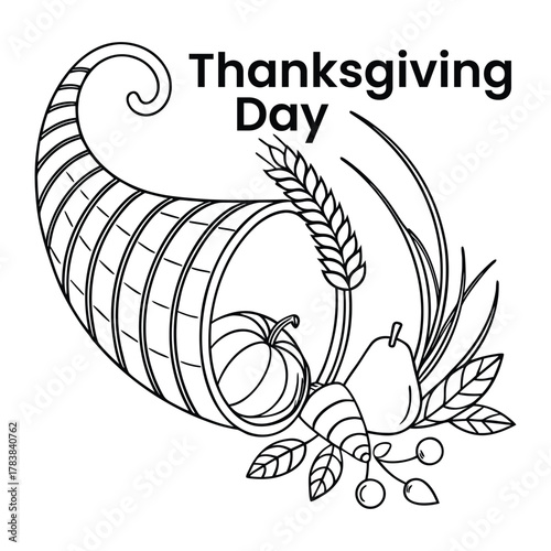 Thanksgiving cornucopia with pumpkin pear wheat and berries line art horn of plenty